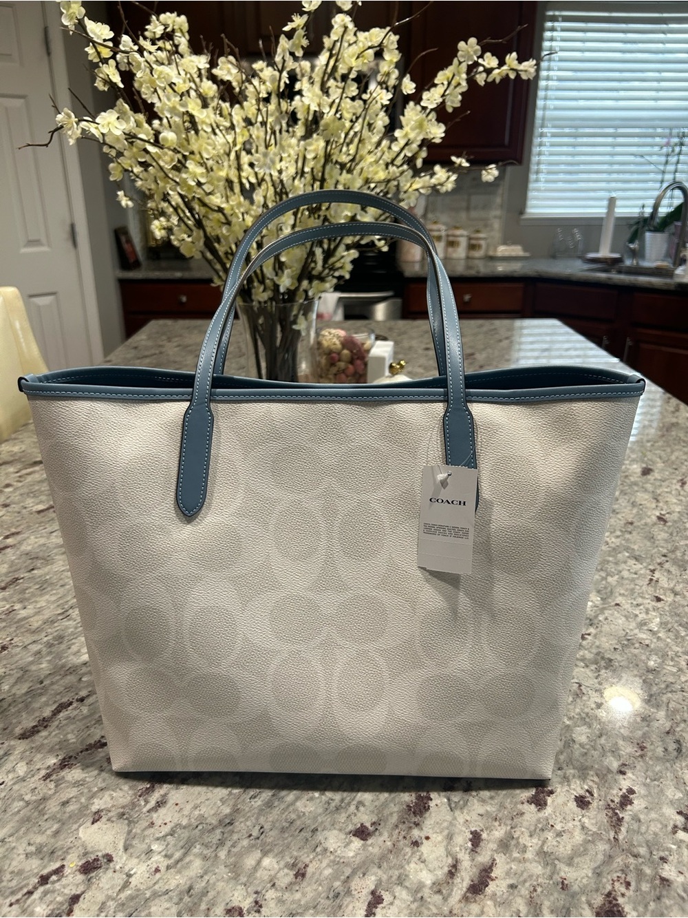 Coach White/Pale Grey/Blue Signature Tote with Blue Trim and Handles - Picture 3 of 6